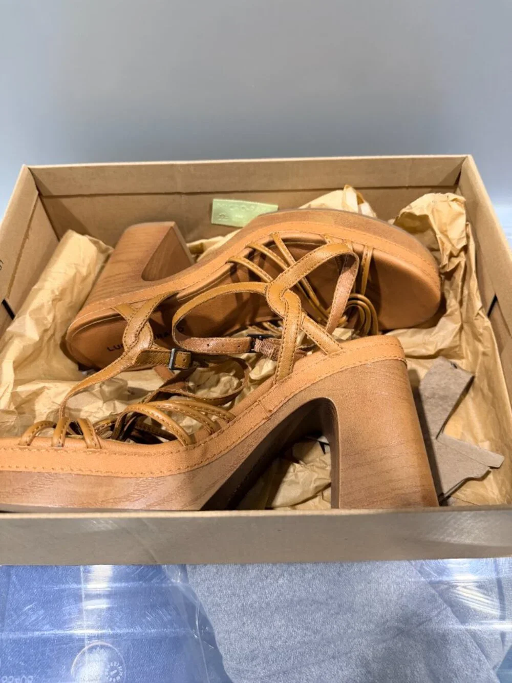 Lucky Brand Ismene Cognac Leather Strappy Platform Block Heel Sandals Size 9.5